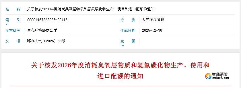 關(guān)于核發(fā)2026年度消耗臭氧層物質(zhì)和氫氟碳化物生產(chǎn)、使用和進口配額的通知